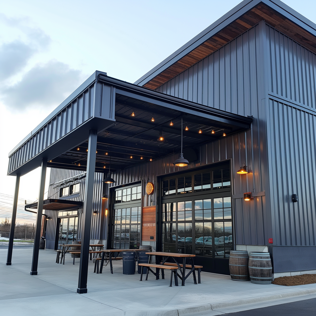 Modern commercial metal building with black steel siding, covered patio seating area, and large glass garage-style storefront doors.