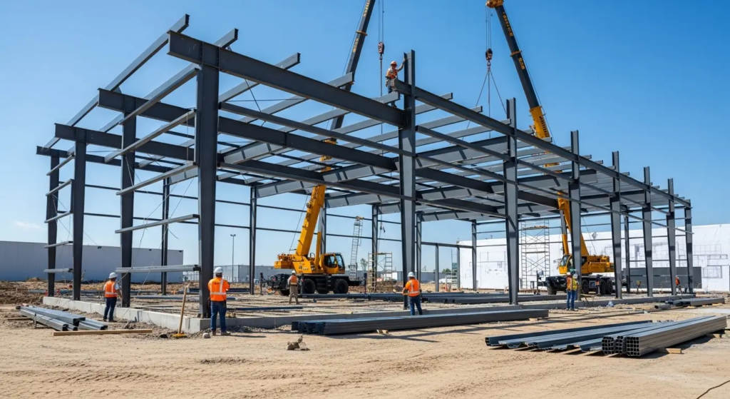 Commercial metal building erection and red iron steel framework construction project