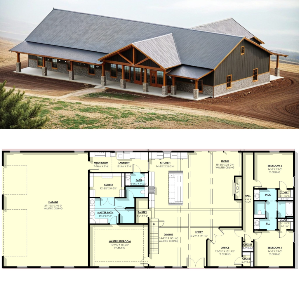 Luxury barndominium floor plan and custom steel building home design by Turn Key Building Finder