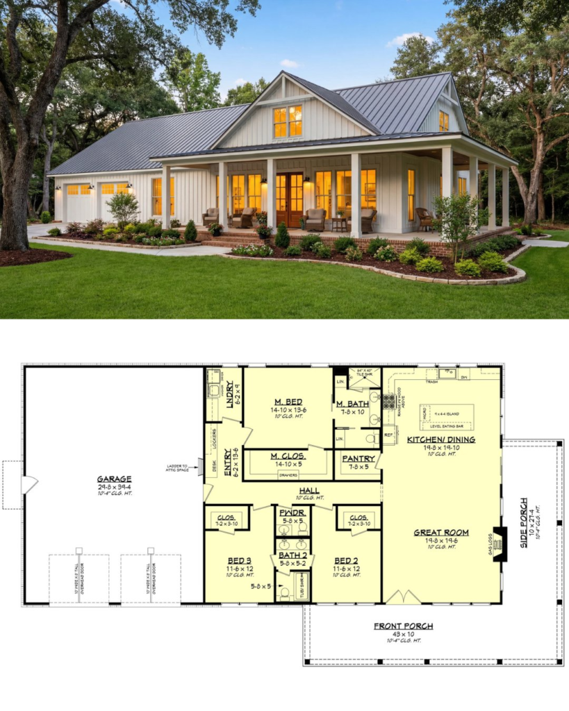Custom farmhouse barndominium floor plan and metal building home design with garage and covered porch
